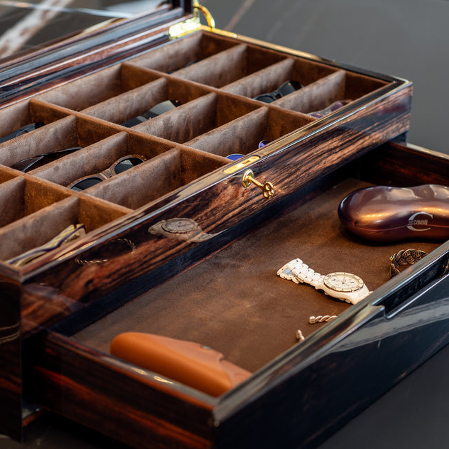 Ebony Wood Eyewear Organizer: 16-Compartment Sunglasses Display Case