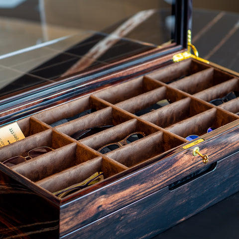 Ebony Wood Eyewear Organizer: 16-Compartment Sunglasses Display Case