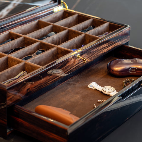 Ebony Wood Eyewear Organizer: 16-Compartment Sunglasses Display Case